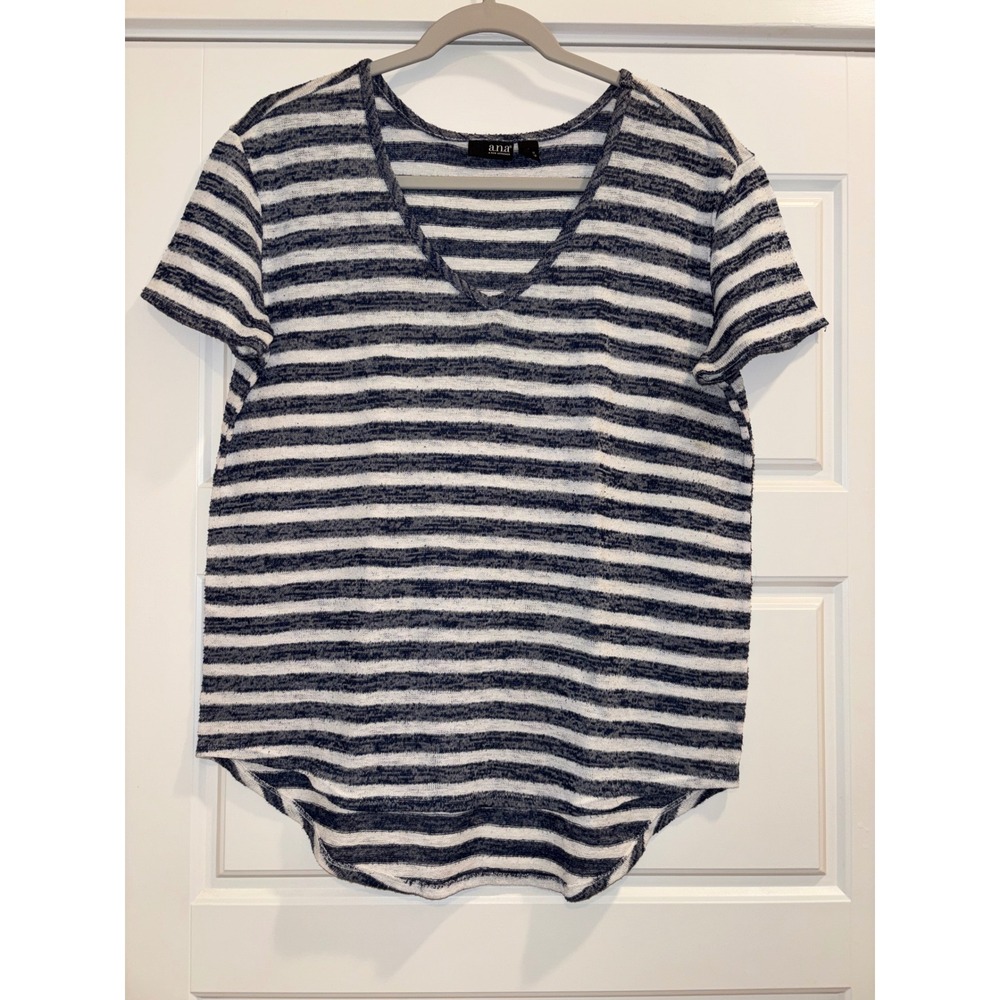 ana A New Approach Womens Large Navy White Striped V-Neck Short Sleeve Top